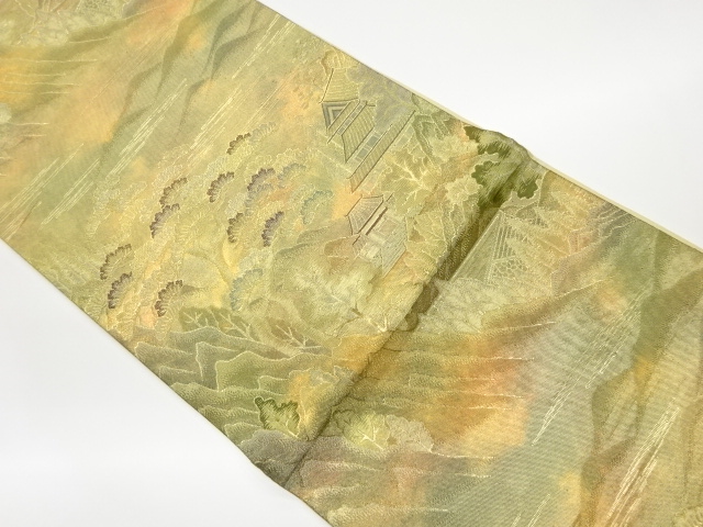 JAPANESE KIMONO / VINTAGE FUKURO OBI / WOVEN TEMPLE & TREES